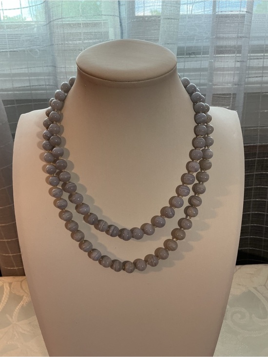 Genuine Blue Lace Agate Necklace Jewelry - Blue Lace Agate Genuine Stone Hand Knotted Long Necklace
